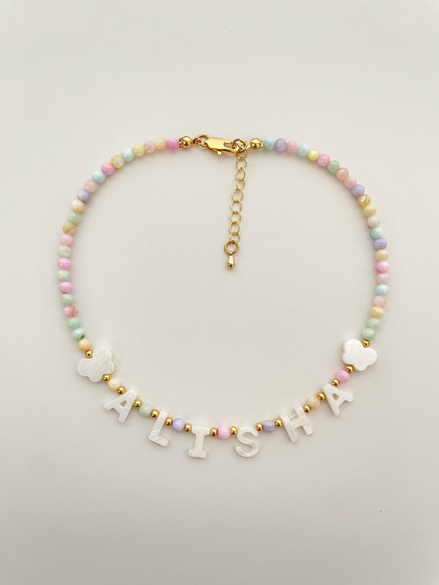 Full of color name necklace, mother of Pearl letter name necklace, kids bright beaded necklace, birthday gift for kids, Christmas gift