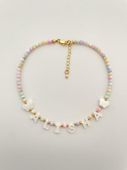 Full of color name necklace, mother of Pearl letter name necklace, kids bright beaded necklace, birthday gift for kids, Christmas gift
