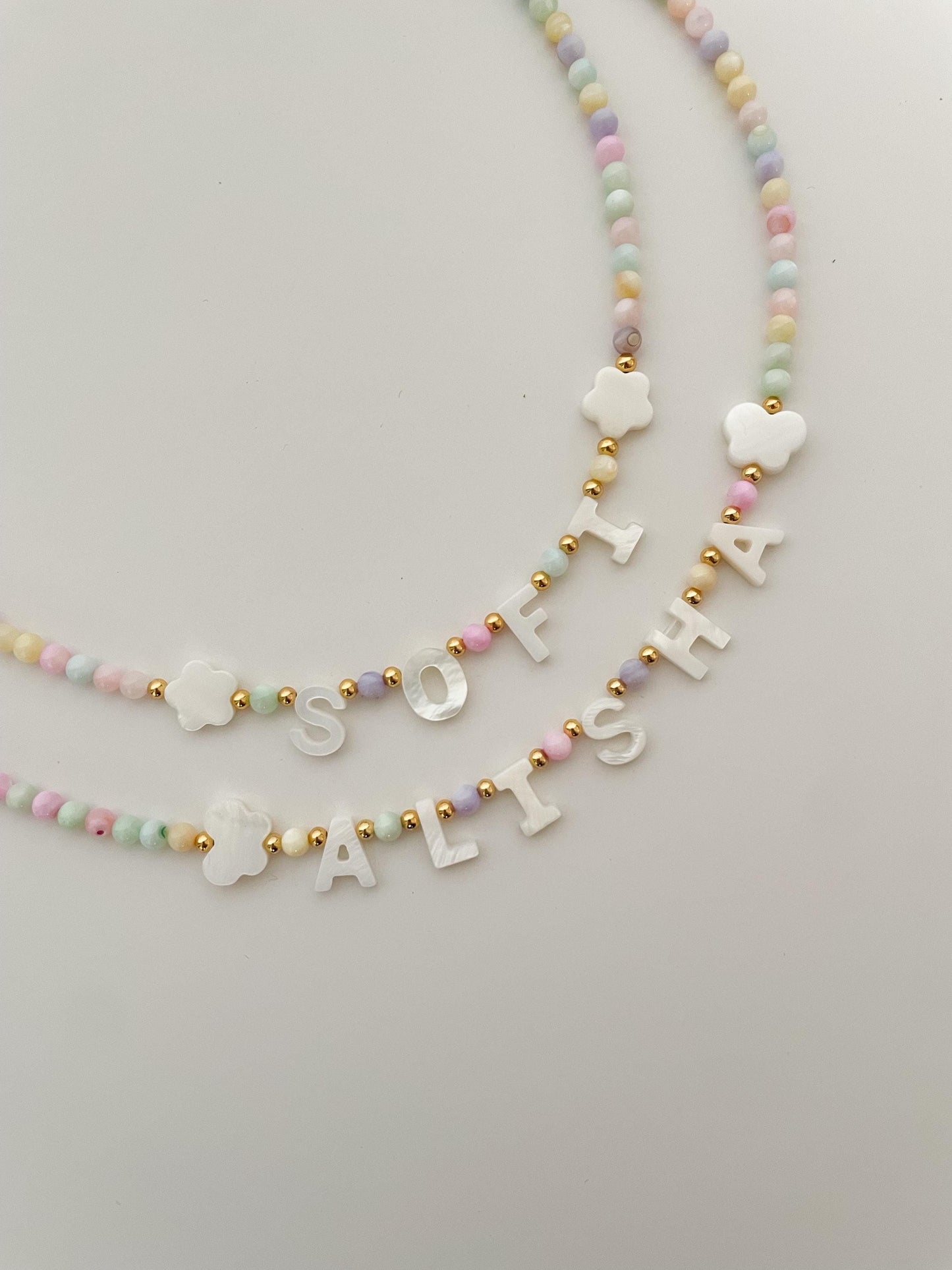 Colorful Custom name necklace, mother of Pearl letter name necklace, kids bright beaded necklace, gift idea for toddlers, kids birthday gift