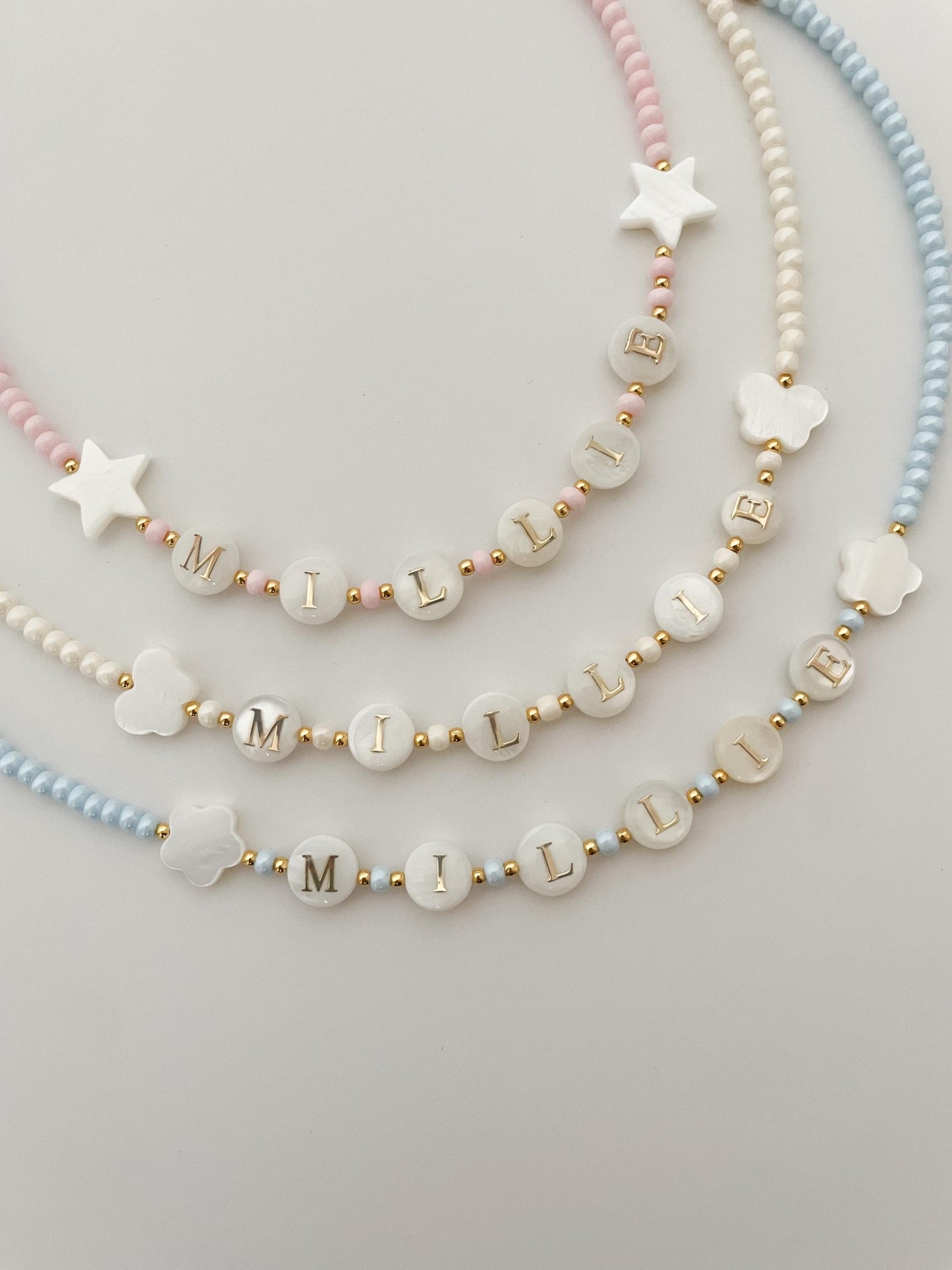 Toddler name necklace, natural pearl beaded necklace, kids bright beaded necklace, gift idea for toddlers, Christmas gift for little girls