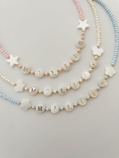 Kids name necklace, natural pearl beaded necklace, kids bright beaded necklace, gift idea for toddlers, Christmas gift for little girls
