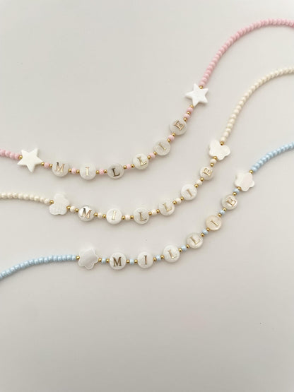 Toddler name necklace, natural pearl beaded necklace, kids bright beaded necklace, gift idea for toddlers, Christmas gift for little girls
