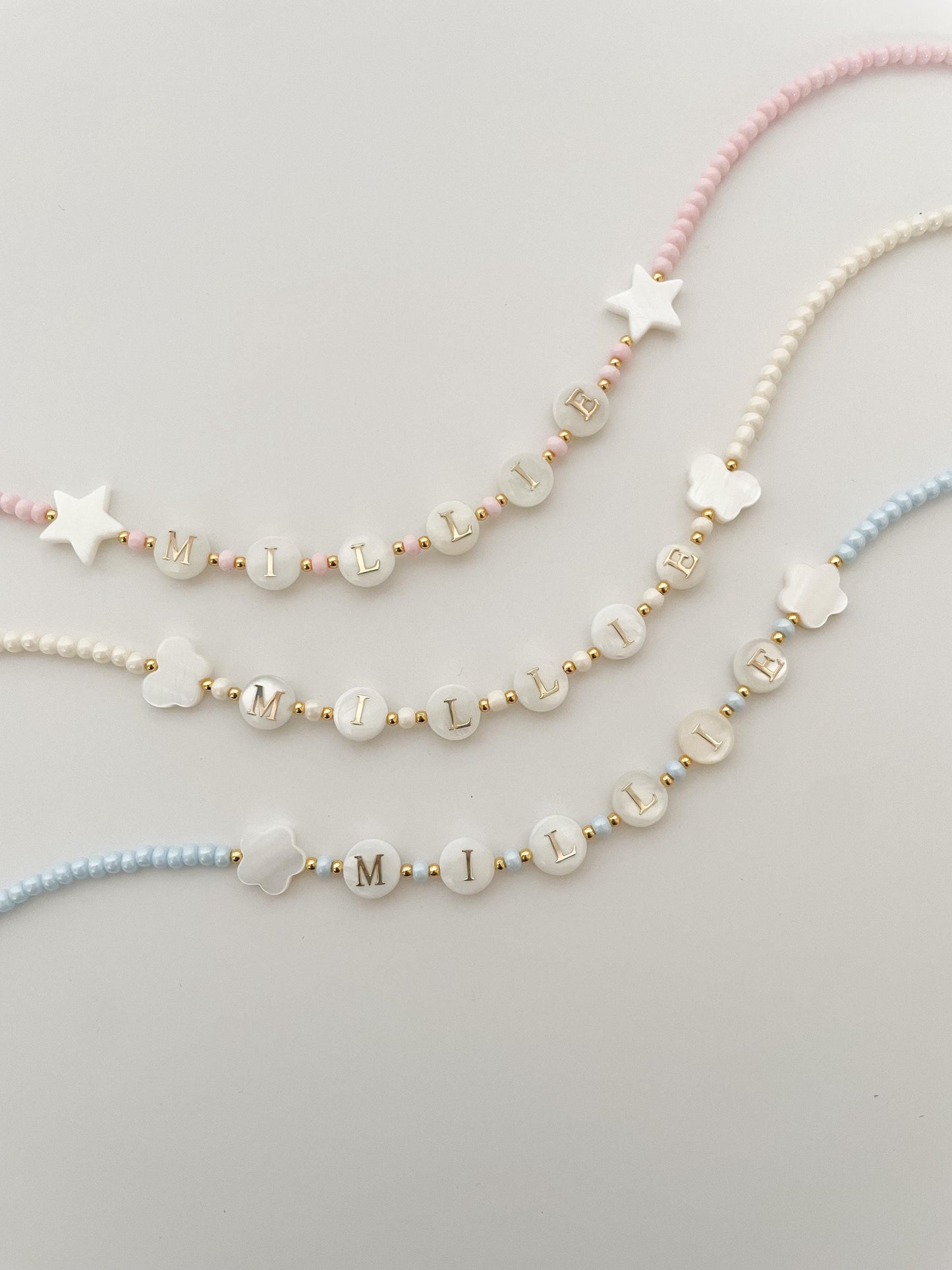 Toddler name necklace, natural pearl beaded necklace, kids bright beaded necklace, gift idea for toddlers, Christmas gift for little girls