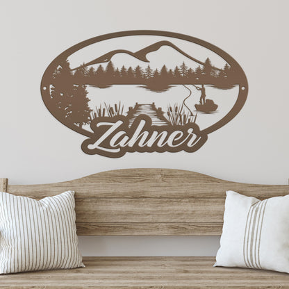 Custom Outdoor Lake Fishing Mountain Scene Metal Sign