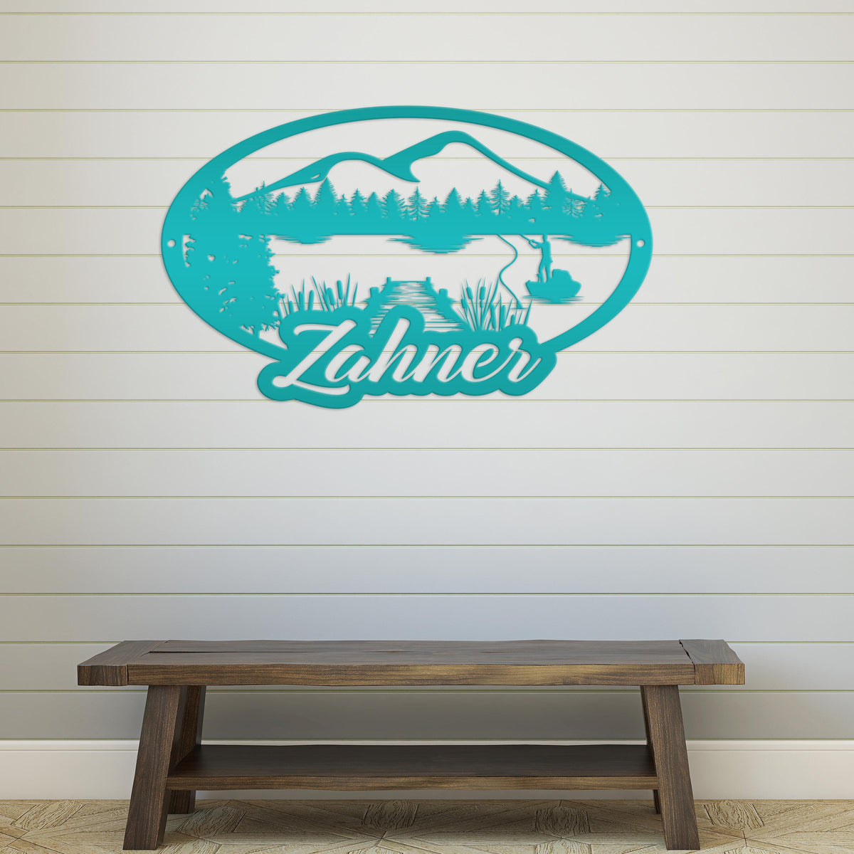 Custom Outdoor Lake Fishing Mountain Scene Metal Sign