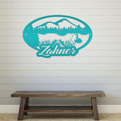 Custom Outdoor Lake Fishing Mountain Scene Metal Sign