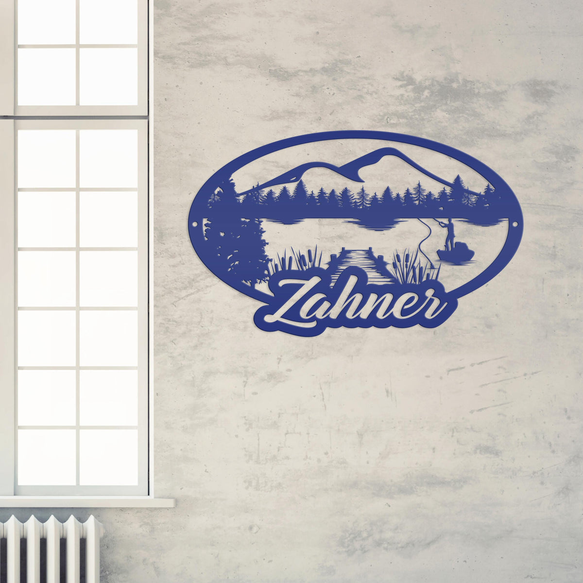 Custom Outdoor Lake Fishing Mountain Scene Metal Sign
