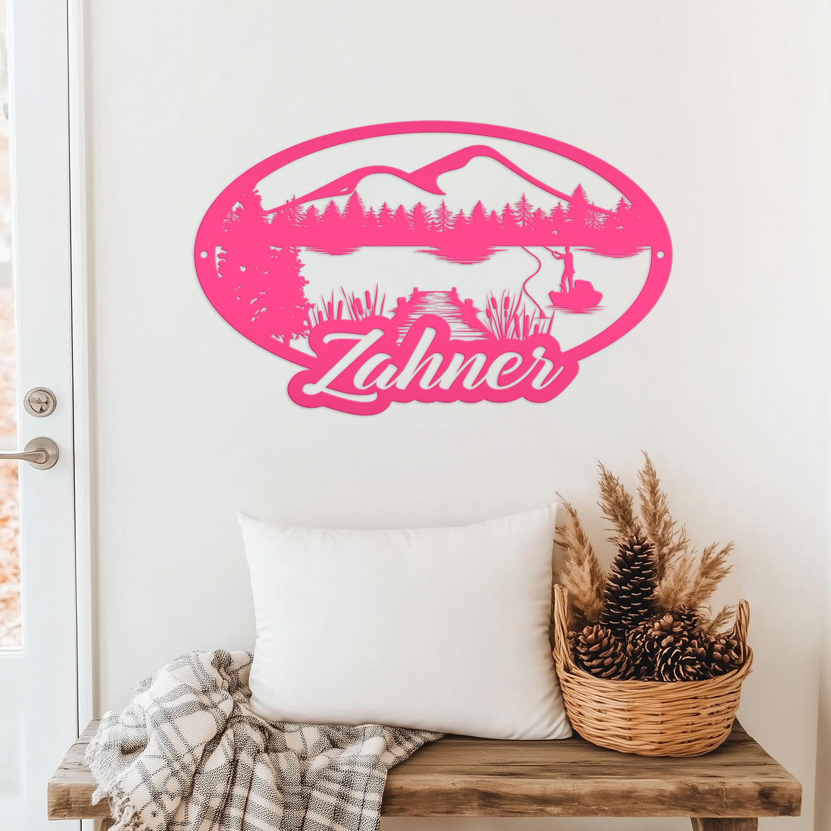Custom Outdoor Lake Fishing Mountain Scene Metal Sign