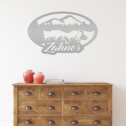 Custom Outdoor Lake Fishing Mountain Scene Metal Sign