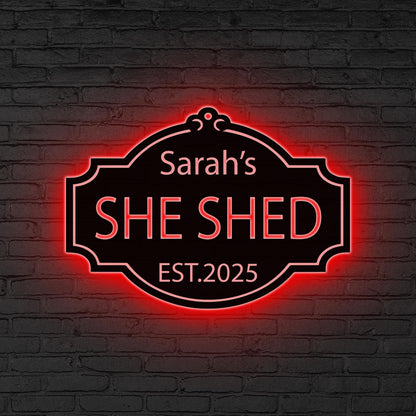 Personalized She Shed Metal Sign with LED Lights, Craft Room Decor, Custom Metal Outdoor Sign, Women Cave Sign, Gift for Her, Outdoor Decor