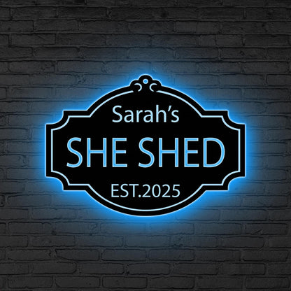 Personalized She Shed Metal Sign with LED Lights, Craft Room Decor, Custom Metal Outdoor Sign, Women Cave Sign, Gift for Her, Outdoor Decor