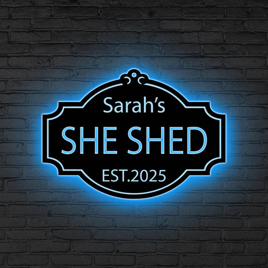 Personalized She Shed Metal Sign with LED Lights, Craft Room Decor, Custom Metal Outdoor Sign, Women Cave Sign, Gift for Her, Outdoor Decor
