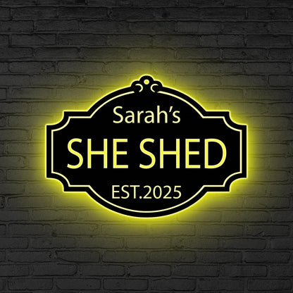 Personalized She Shed Metal Sign with LED Lights, Craft Room Decor, Custom Metal Outdoor Sign, Women Cave Sign, Gift for Her, Outdoor Decor