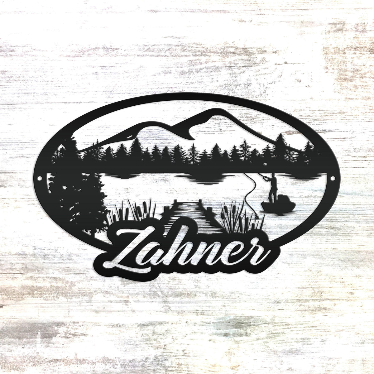 Custom Outdoor Lake Fishing Mountain Scene Metal Sign
