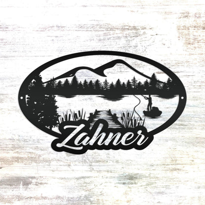 Custom Outdoor Lake Fishing Mountain Scene Metal Sign
