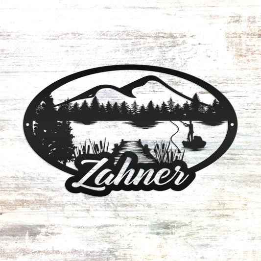 Custom Outdoor Lake Fishing Mountain Scene Metal Sign