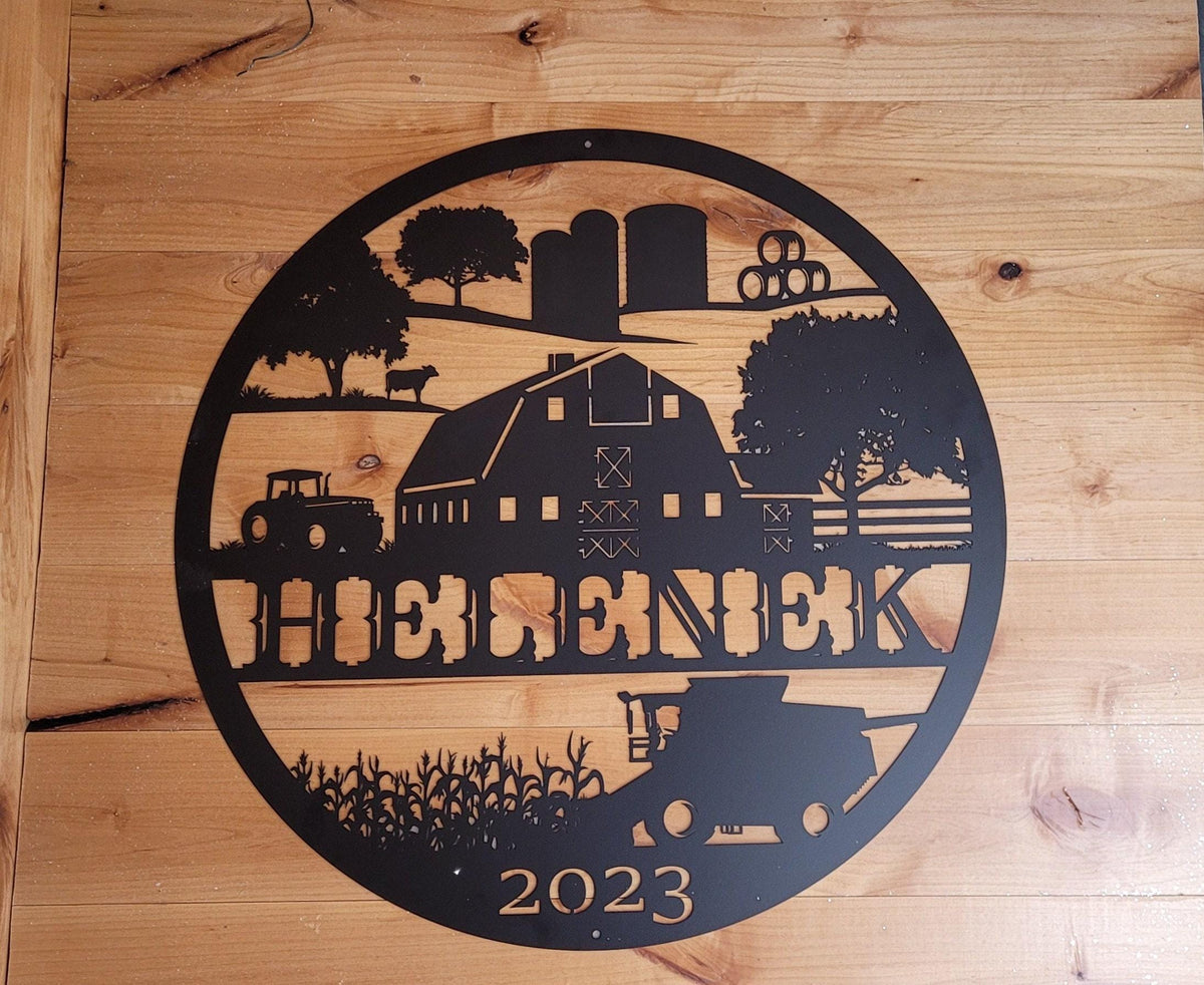 Custom Farm Sign With Combine and Tractor