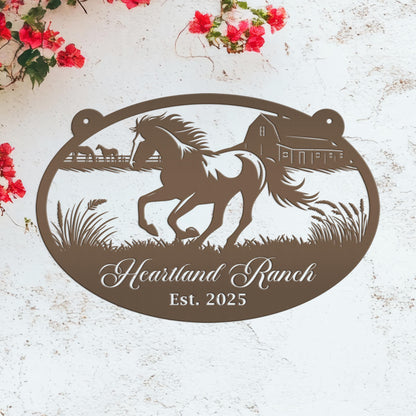 Horse Ranch Metal Sign - Personalized Farmhouse Décor - Charming Western Horse Art - Custom Wall Hanging - Outdoor Horse Farm Name Signs