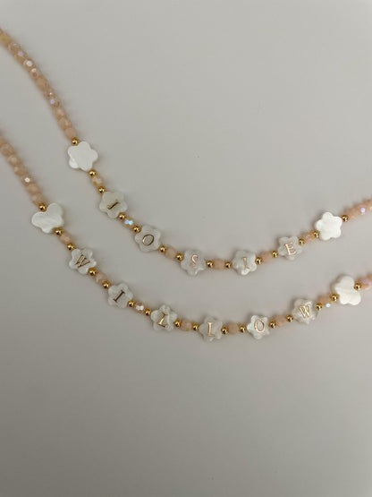 FLOWER shaped name necklace, mother of Pearl letter name necklace, kids beaded necklace, birthday gift ideas for toddlers, gift for girls