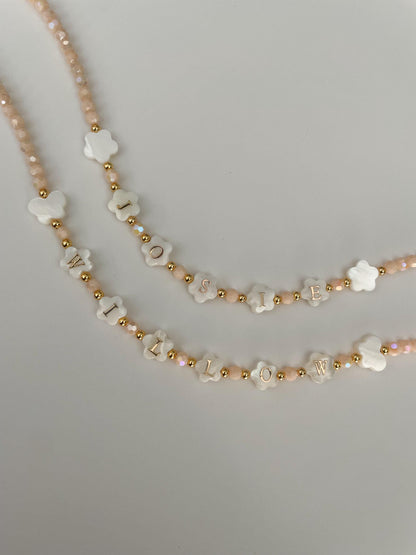 FLOWER shaped name necklace, mother of Pearl letter name necklace, kids beaded necklace, birthday gift ideas for toddlers, gift for girls