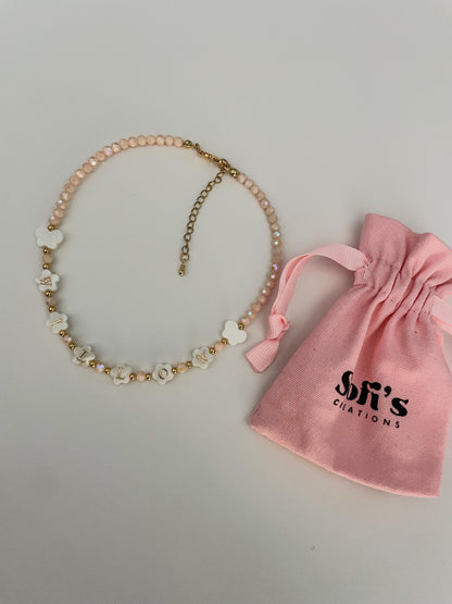 kids FLOWER shaped name necklace, mother of Pearl letter name necklace, kids bright beaded necklace, birthday gift ideas for toddlers