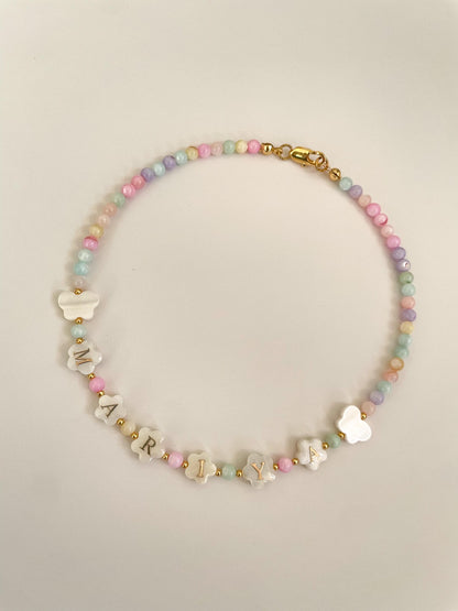 Colorful flower shaped name necklace for kids, mother of Pearl letter name necklace, girls bright beaded necklace, gift idea for toddlers,