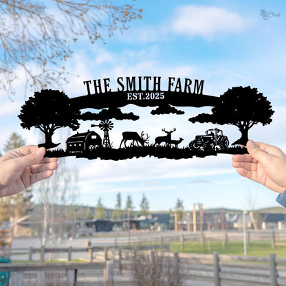 Custom Farm Metal Sign – Personalized Ranch Name Sign with Animals, Barn, Tractor Design Farmhouse Name Sign – Outdoor Decor Ranch Sign