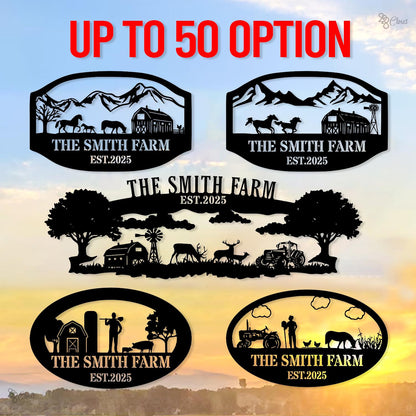 Custom Farm Metal Sign – Personalized Ranch Name Sign with Animals, Barn, Tractor Design Farmhouse Name Sign – Outdoor Decor Ranch Sign