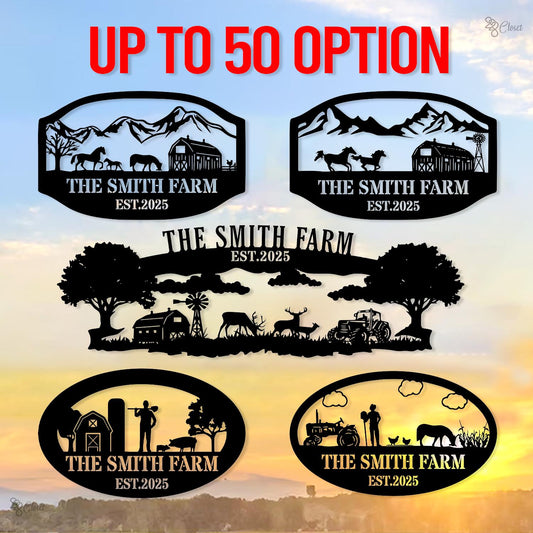 Custom Farm Metal Sign – Personalized Ranch Name Sign with Animals, Barn, Tractor Design Farmhouse Name Sign – Outdoor Decor Ranch Sign