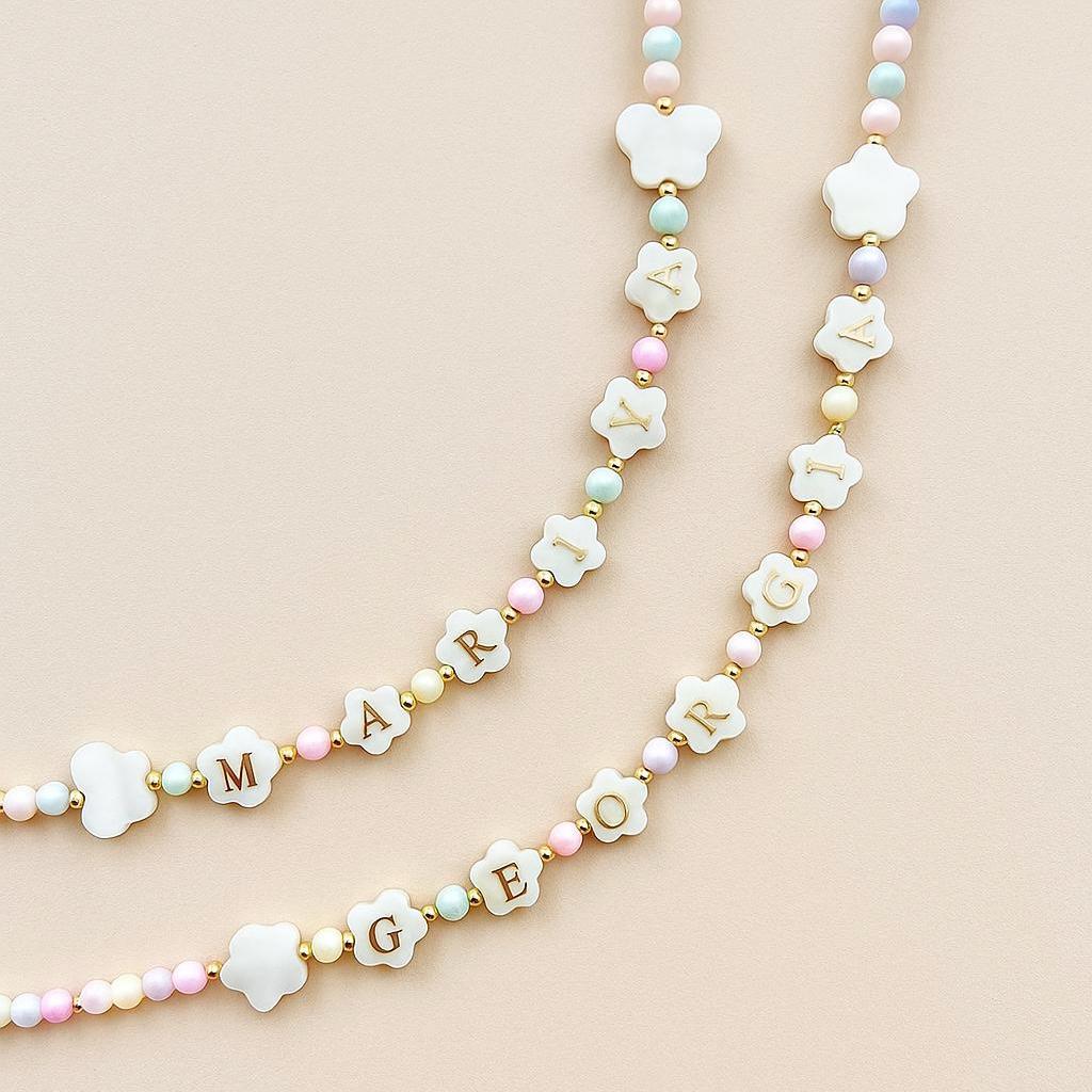 Colorful flower shaped name necklace for kids, mother of Pearl letter name necklace, girls bright beaded necklace, gift idea for toddlers,