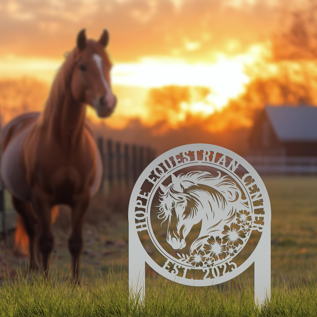 Horse Sign Metal Yard Stake - Garden Metal Art Piece - Farmhouse Entryway Display - Floral Horse Farm Welcome Sign - Personalized Lawn Art