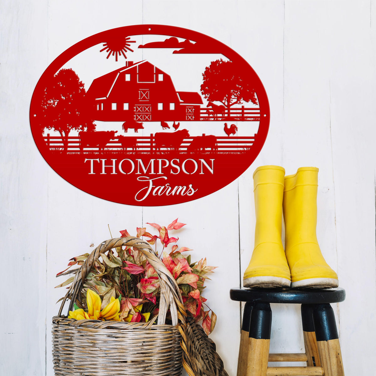 Custom Farm Scene Sign With Cows and Chickens