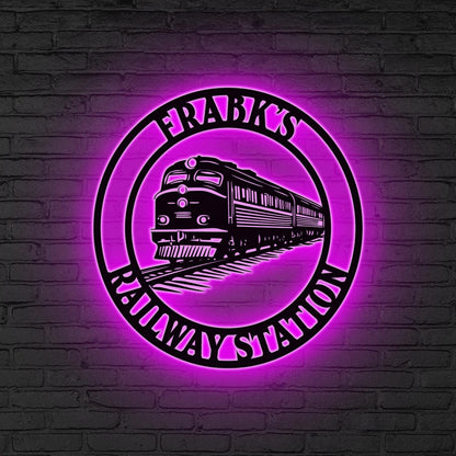 Custom Railroad Metal Wall Art LED Light,Personalized Train Metal Wall Decor,Train Driver Gift,Railway Sign,Railroad Sign,Train Station Gift