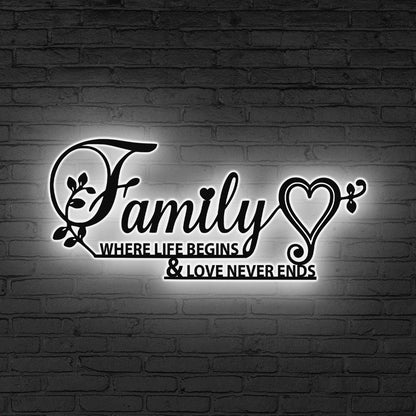 Family Metal Word Art LED lights Family Where Life Begins Family Metal Sign Housewarming Gifts Closing Gifts Farmhouse Decor Home Decor
