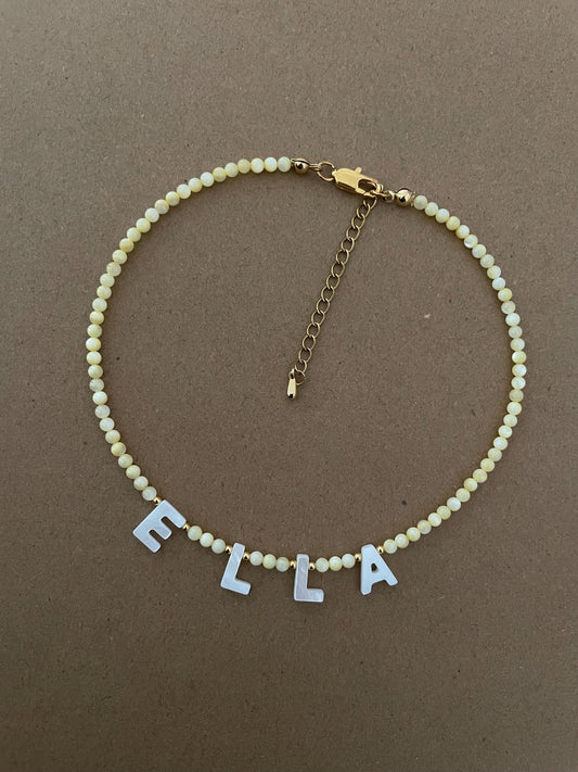 Butter yellow natural beads with mother of Pearl letter name necklace, kids beaded name necklace, gift idea for toddlers, Easter gift basket