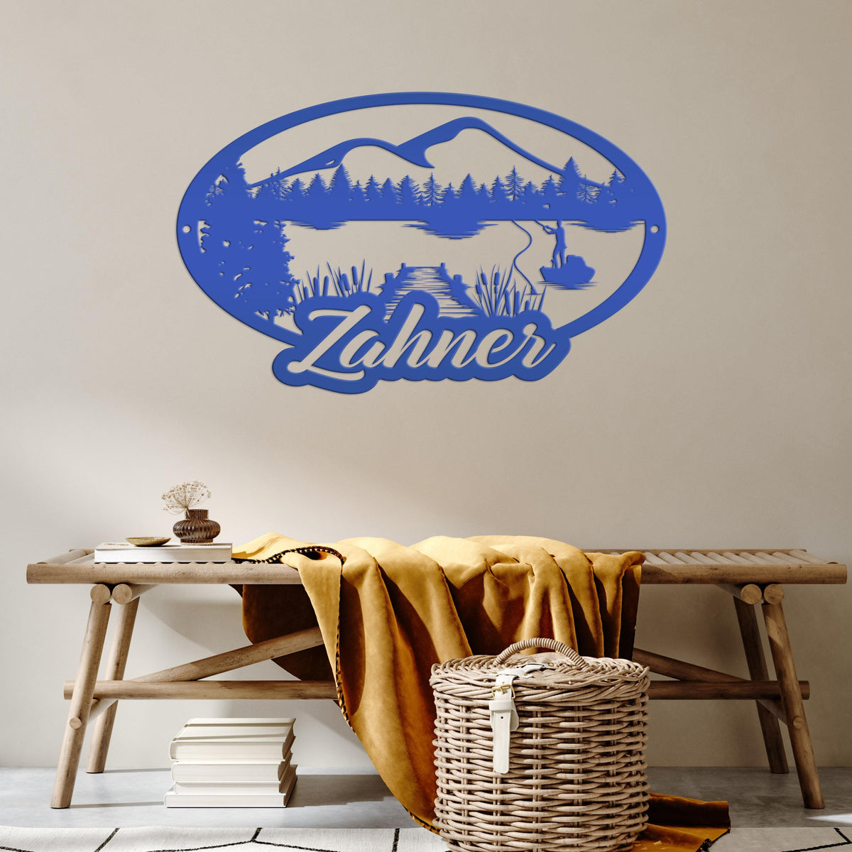 Custom Outdoor Lake Fishing Mountain Scene Metal Sign