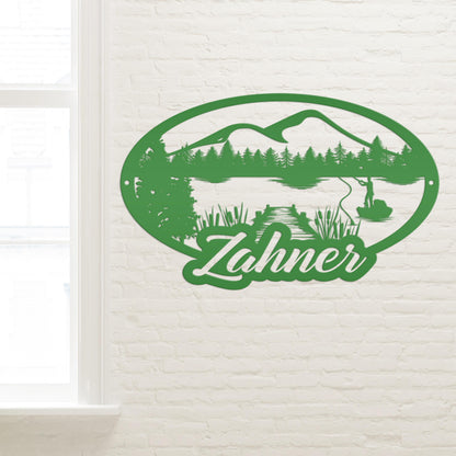 Custom Outdoor Lake Fishing Mountain Scene Metal Sign