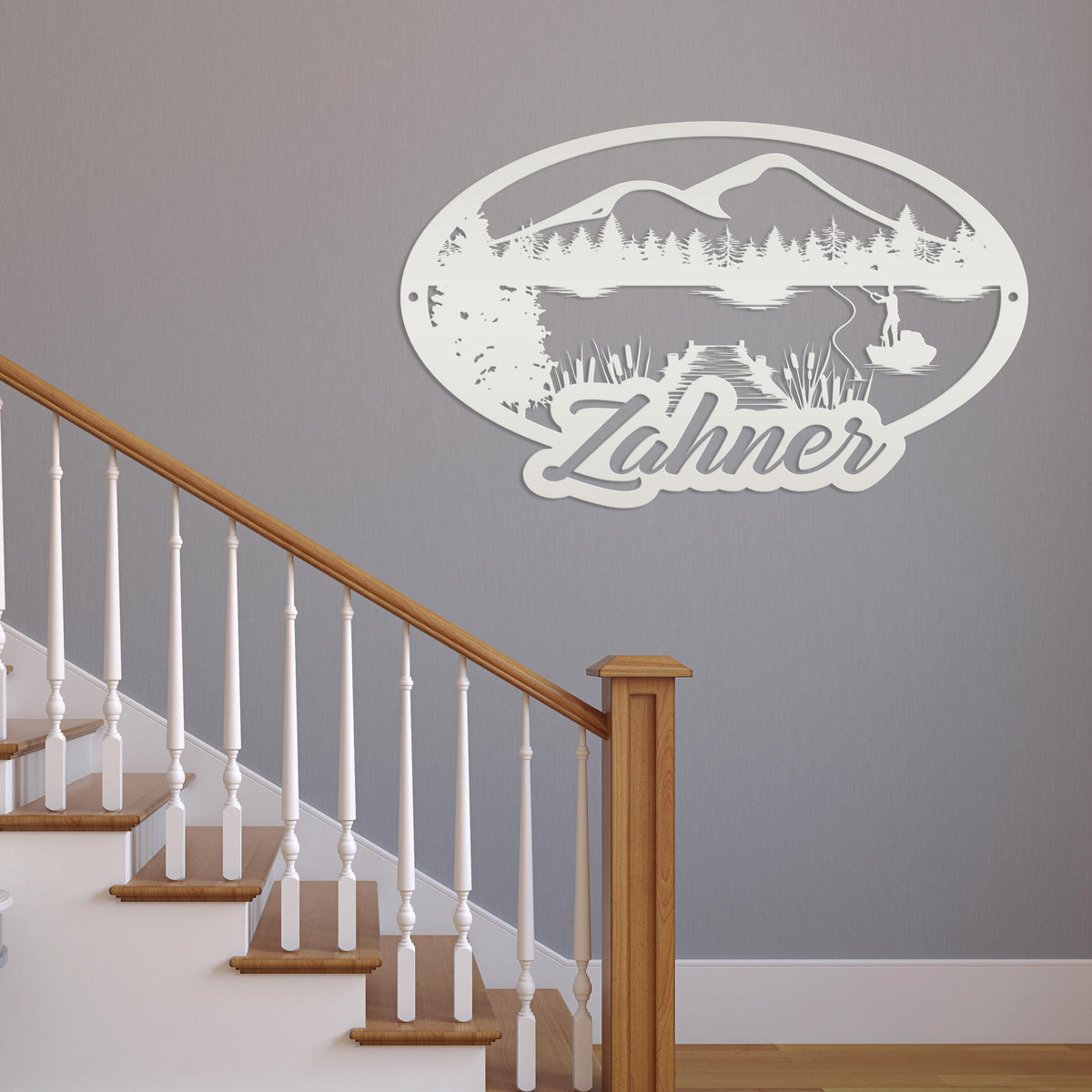 Custom Outdoor Lake Fishing Mountain Scene Metal Sign