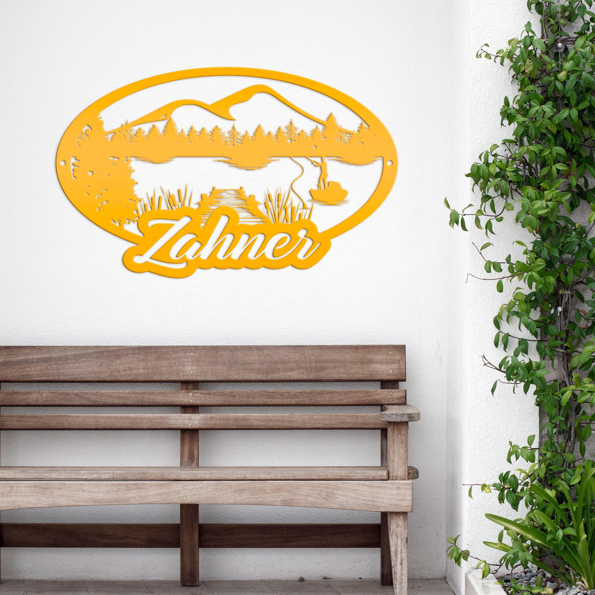 Custom Outdoor Lake Fishing Mountain Scene Metal Sign