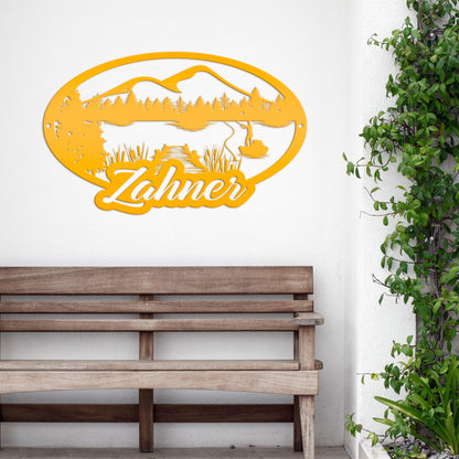 Custom Outdoor Lake Fishing Mountain Scene Metal Sign