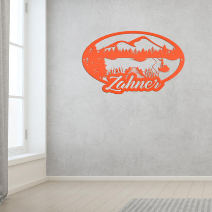 Custom Outdoor Lake Fishing Mountain Scene Metal Sign