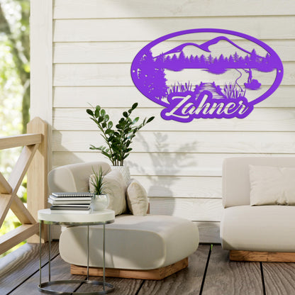 Custom Outdoor Lake Fishing Mountain Scene Metal Sign