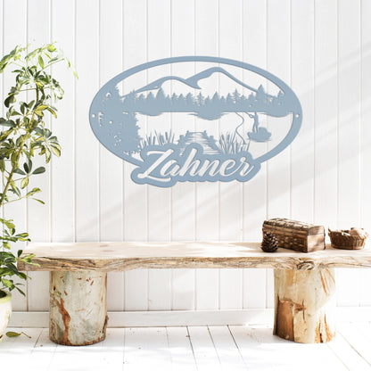 Custom Outdoor Lake Fishing Mountain Scene Metal Sign