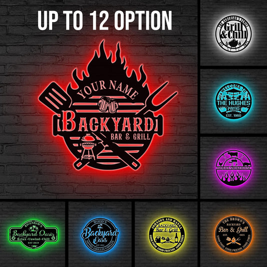 Personalized Metal Patio Sign LED, Custom Metal Backyard Sign Outdoor Decor, Smokehouse Decor Bar & Grill Sign,Poolside Sign, Backyard Decor