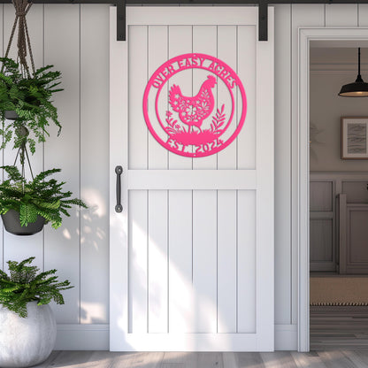 Metal Chicken Sign with Floral Design - Unique Personalized Farm Decor - Charming Custom Chicken Coop Plaque - Rustic Farmhouse Wall Hanging