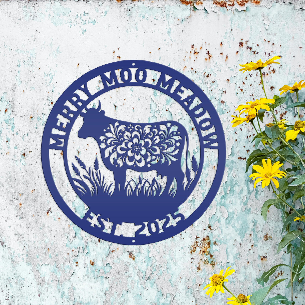 Custom Floral Cow Garden Decor - Personalized Metal Yard Stake - Unique Farmhouse Decor - Rustic Country Signs - Flower Farm Animal Wall Art