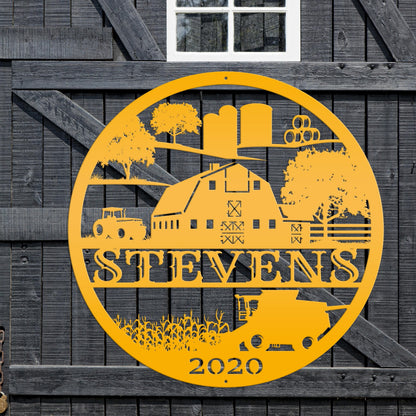 Custom Farm Sign With Combine and Tractor