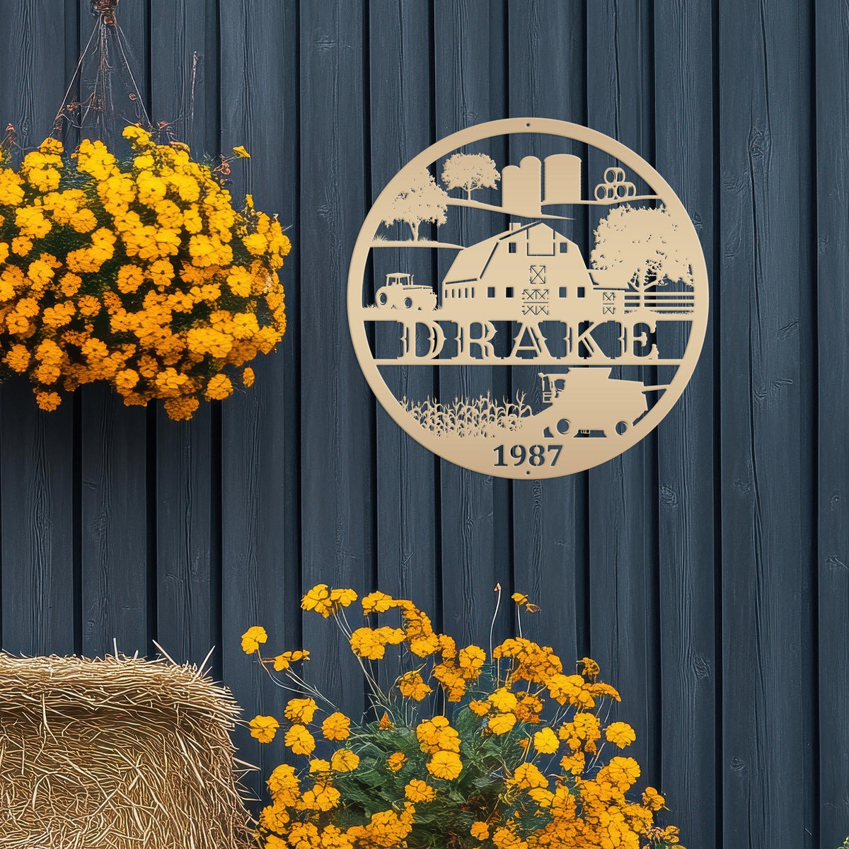 Custom Farm Sign With Combine and Tractor