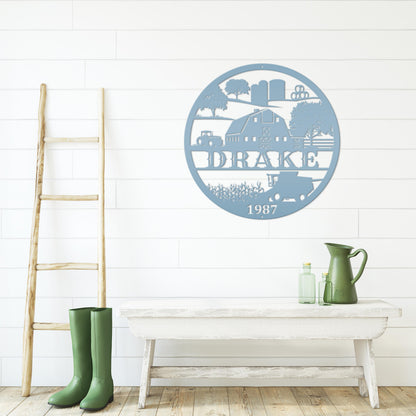 Custom Farm Sign With Combine and Tractor