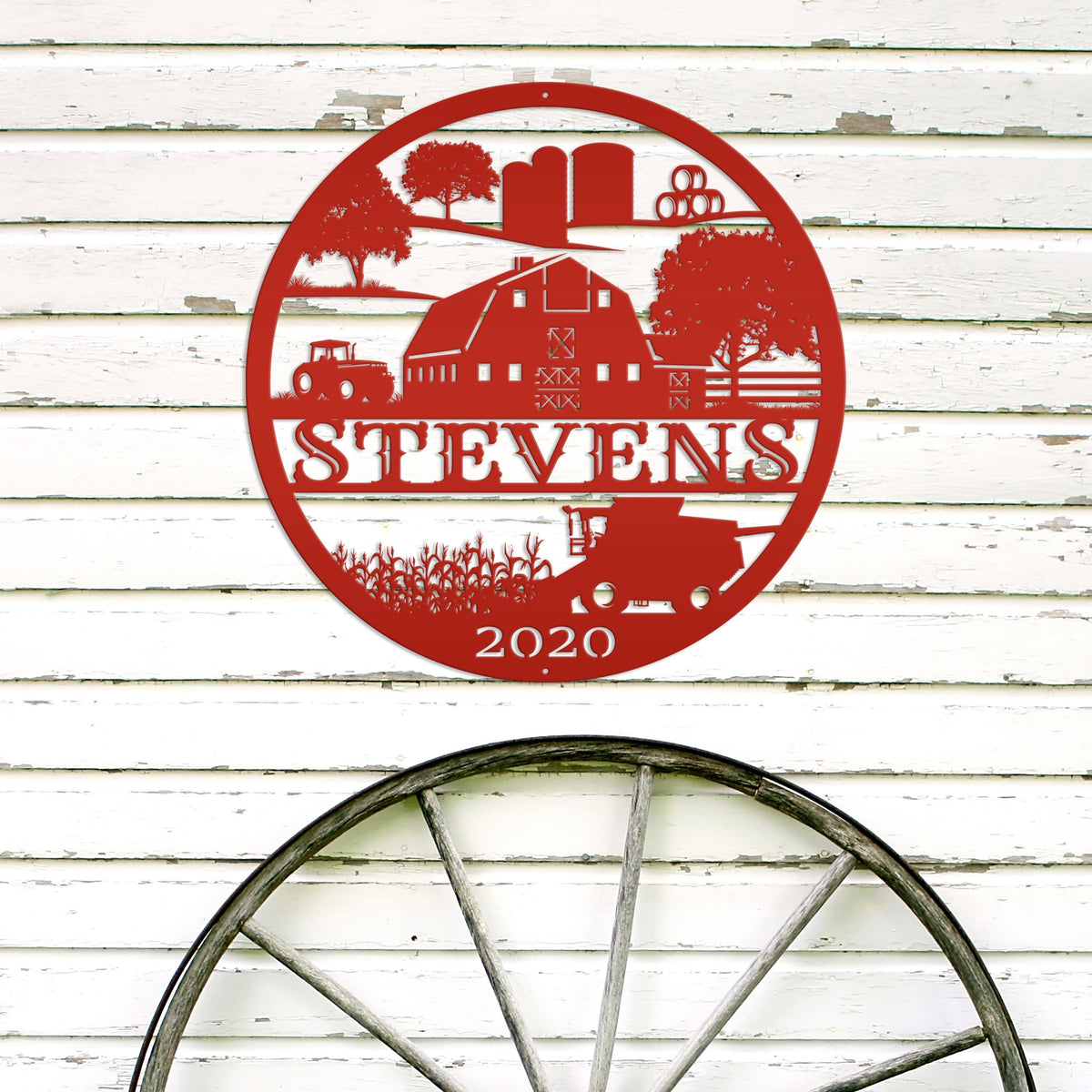 Custom Farm Sign With Combine and Tractor